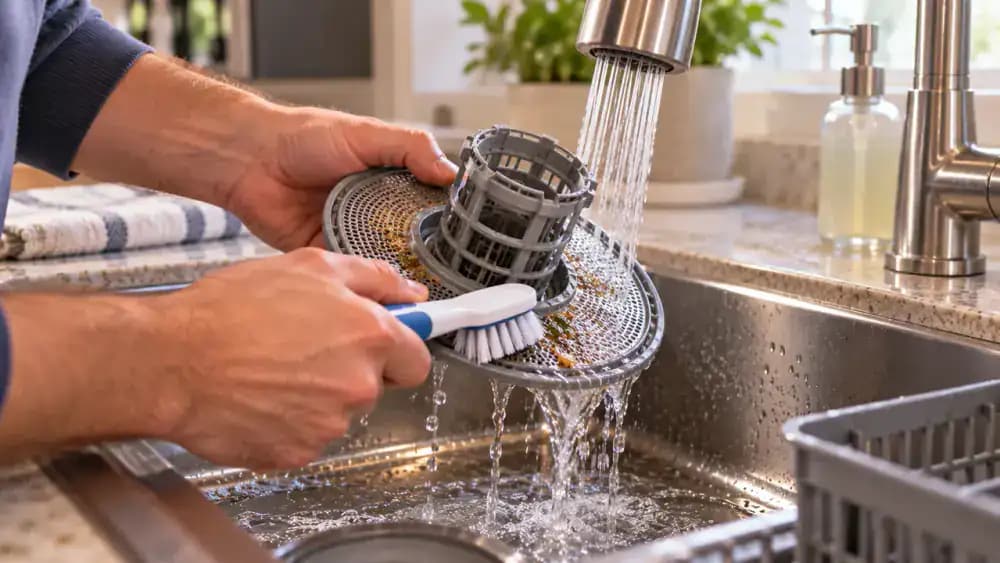 Close-up of a person rinsing a removable cylindrical dishwasher filter under gentle running water at a stainless steel sink, cleaning its plastic housing with a soft brush, inspecting the fine mesh and seals, and carefully reinstalling it.