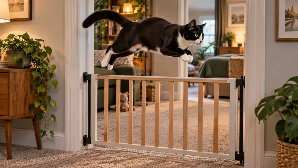 Athletic adult black-and-white tuxedo cat easily jumping over a waist-high baby gate between two interior rooms and landing safely on carpet.