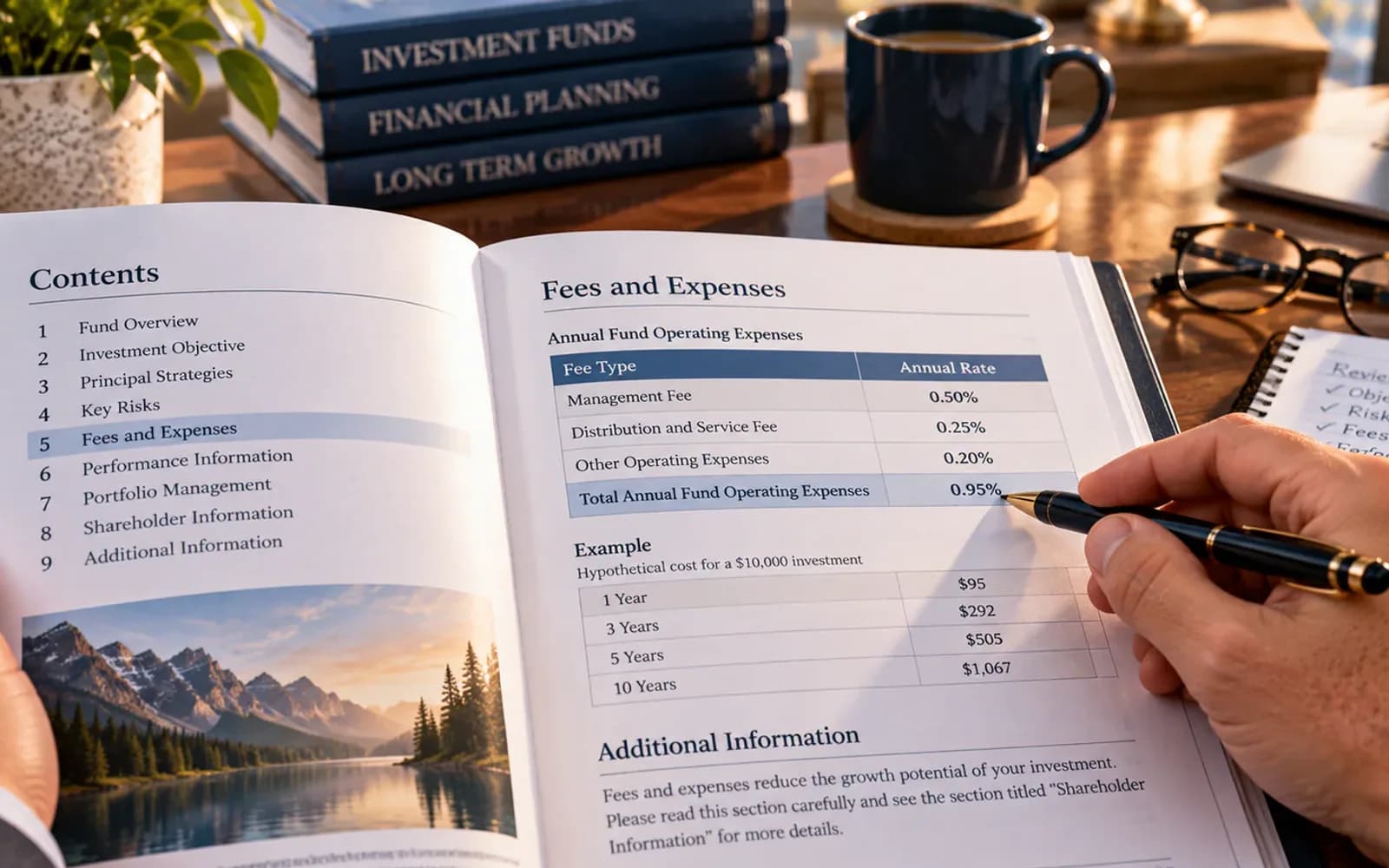 Finger pointing to a standardized fee table in a fund prospectus