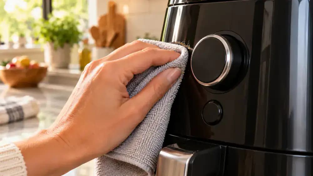 Close-up of a hand cleaning one greasy seam beside an appliance control knob with a barely damp microfiber cloth while vents and control openings remain dry.