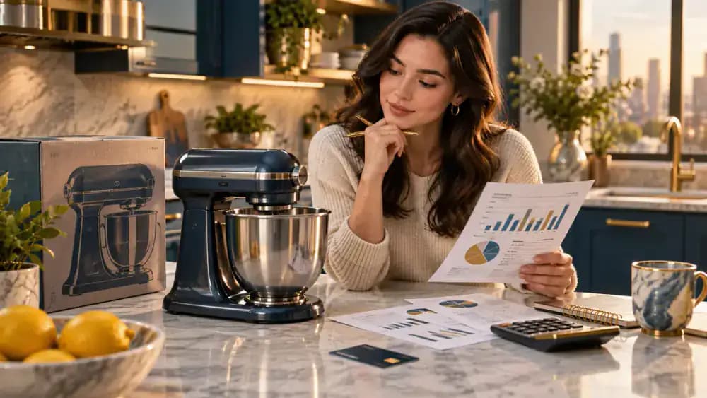 Shopper comparing a household appliance price with financing documents