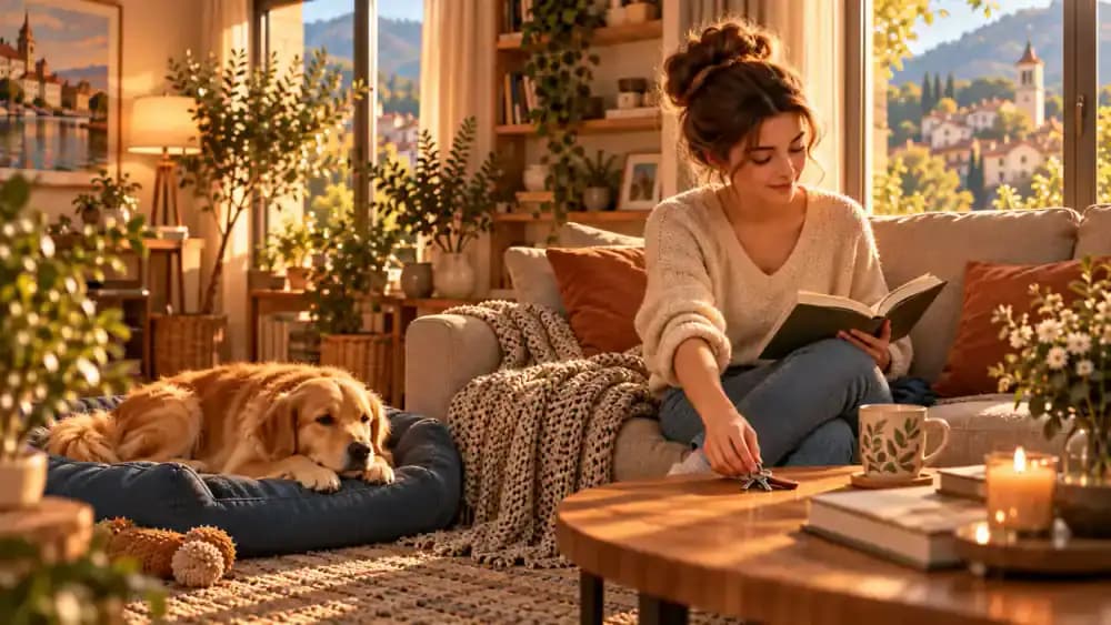 In a cozy living room during late afternoon, Emma places metal house keys back on a coffee table and resumes reading a novel. Bailey rests peacefully nearby, and a pair of shoes sits beside the sofa.