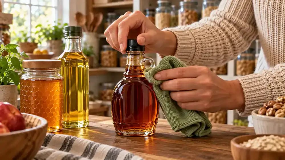 Close-up of hands checking and tightening the threaded cap on an upright maple syrup bottle on a clean kitchen countertop, with a honey jar and cooking oil bottle nearby and a dry pantry shelf blurred in the background.