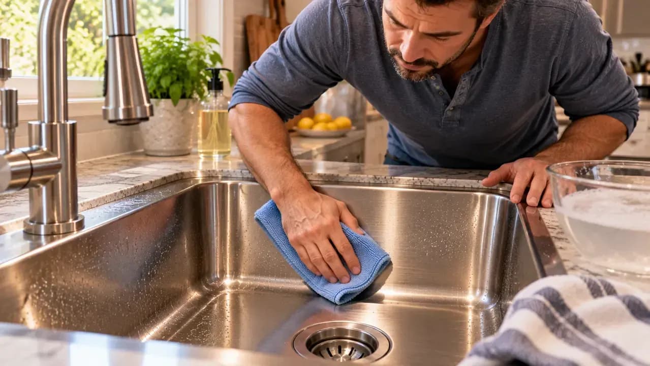 Close-up of an adult homeowner wiping a stainless steel basin wall with long, slightly overlapping microfiber passes along the visible grain, with warm water nearby.