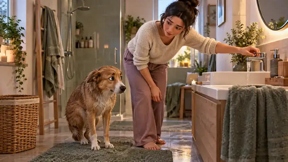 Medium-sized dog standing motionless on a bathroom mat with its tail tucked and ears pulled back while its owner turns off the faucet.