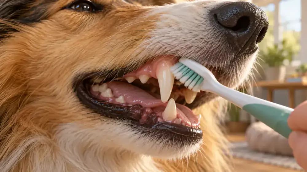 Close-up of a soft toothbrush making delicate strokes along a calm collie's upper canine gumline