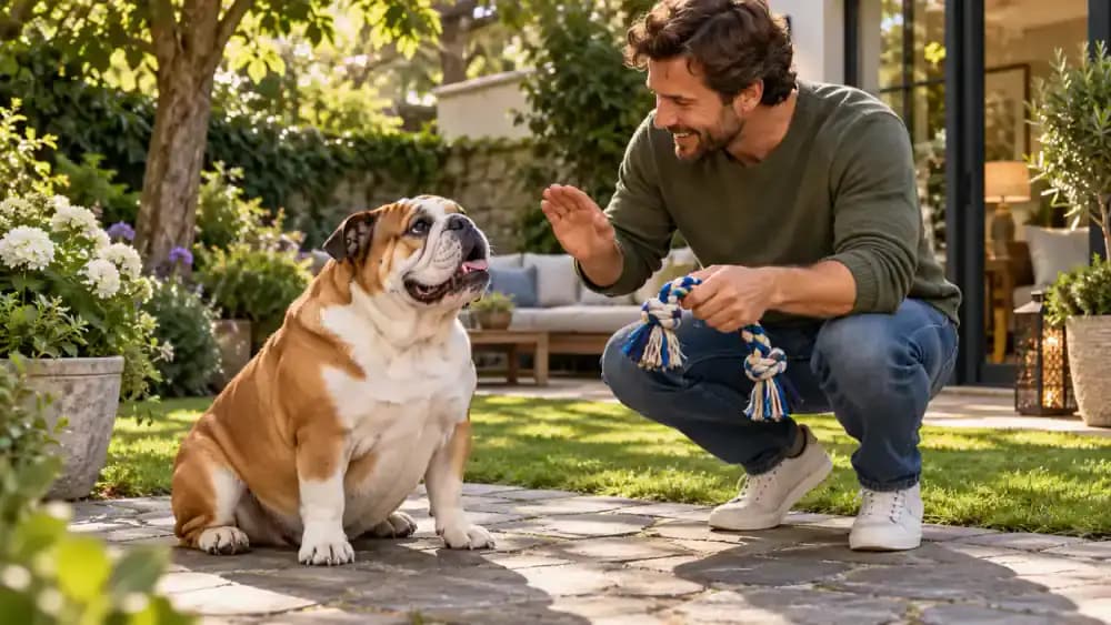Slightly overweight English Bulldog successfully holding a stay command beneath a shaded backyard pergola while its owner prepares to reward it with a colorful rubber toy. A closed veterinary diet container and ingredient checklist rest on a nearby table.