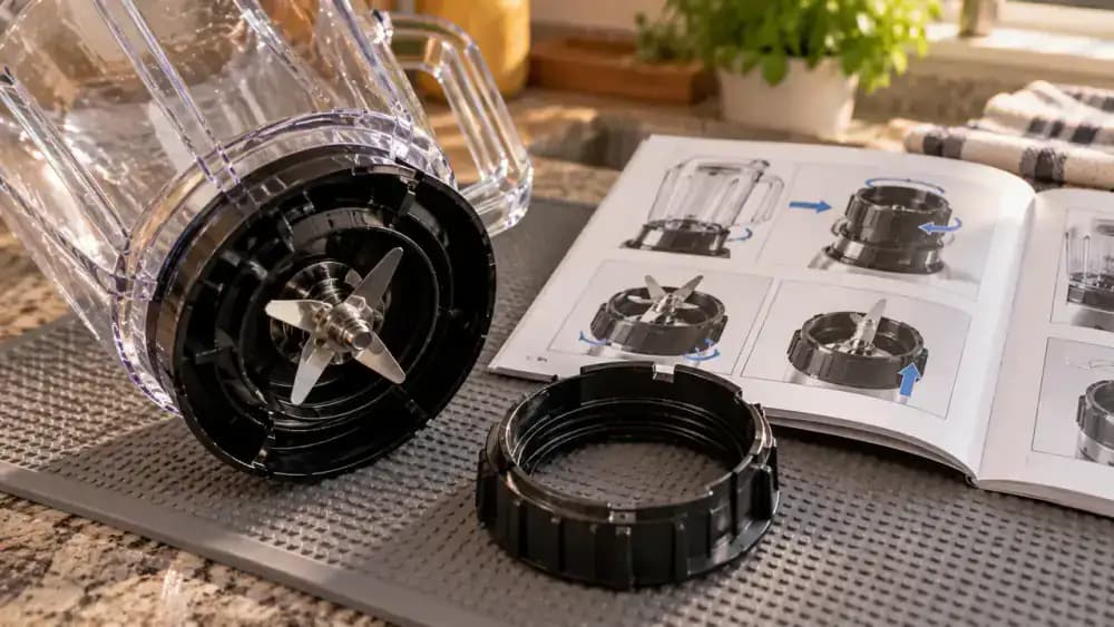 Close-up of an adult pointing to the exterior blade assembly locking collar underneath a tilted transparent blender jar, with the manufacturer's instruction manual open beside it on a light gray silicone work mat.