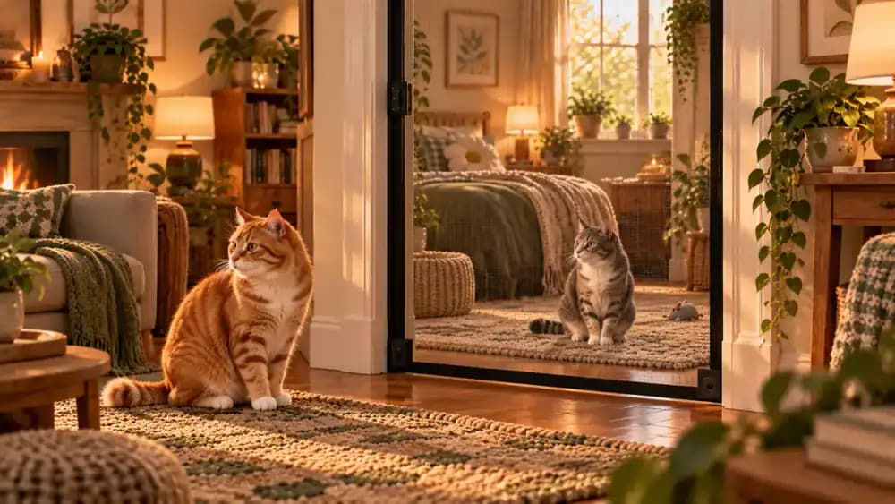 Milo and Luna calmly observe each other from separate rooms through a secured mesh doorway