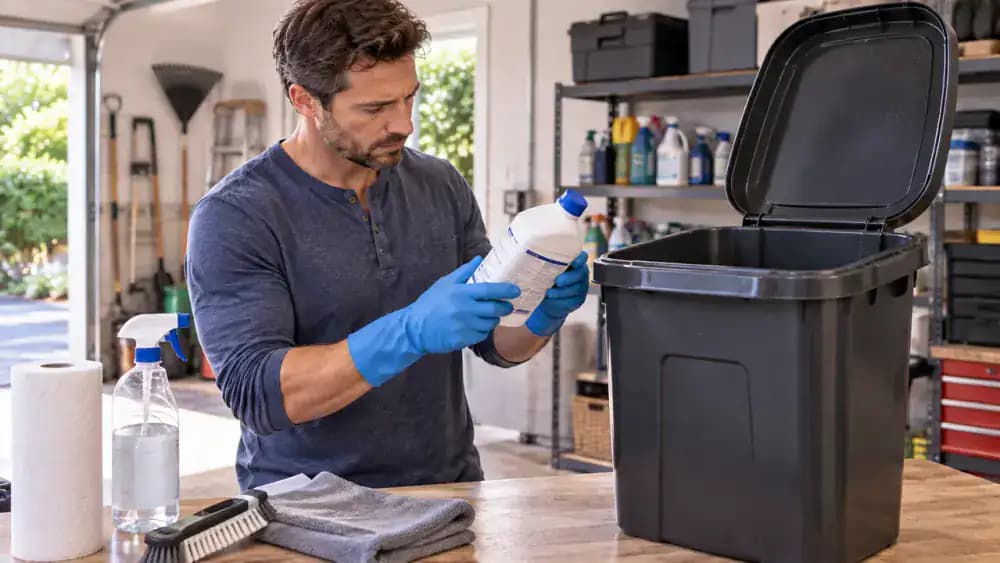 Gloved person applying disinfectant inside an empty kitchen trash can with a spray bottle and microfiber cloth while a timer tracks contact time and the lid stays open for ventilation.