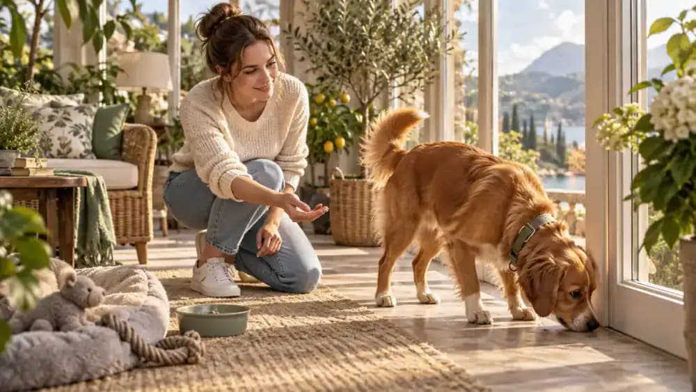 Dog sniffing near a sunroom window while its owner observes and calmly reduces training difficulty