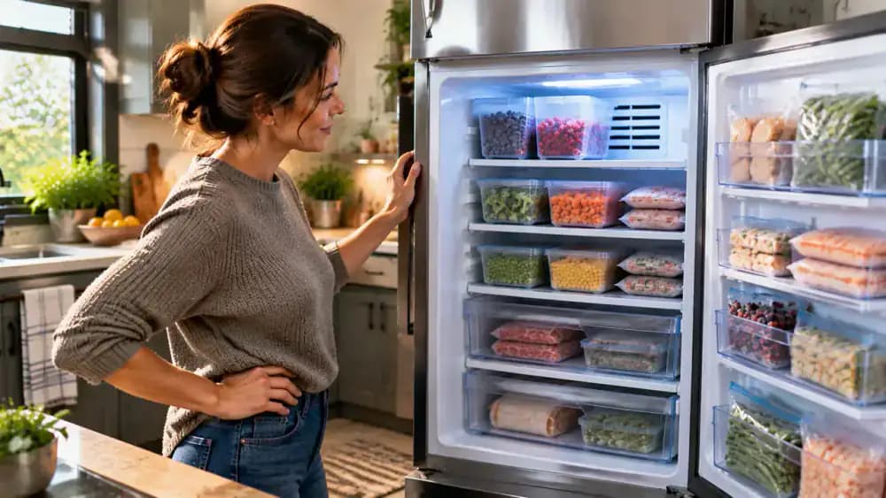 Homeowner opening a clean organized freezer and checking interior vents and storage areas during normal operation