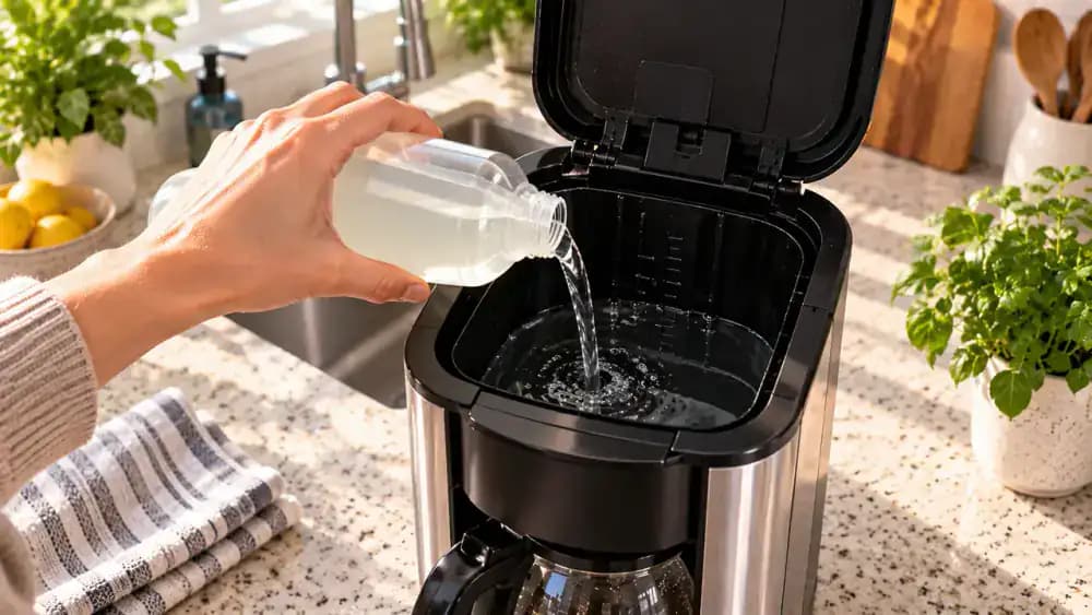 Overhead view of a hand pouring a premeasured manufacturer-approved descaling solution from a marked dosing cup into an open reservoir, stopping below the maximum fill line before closing the lid.