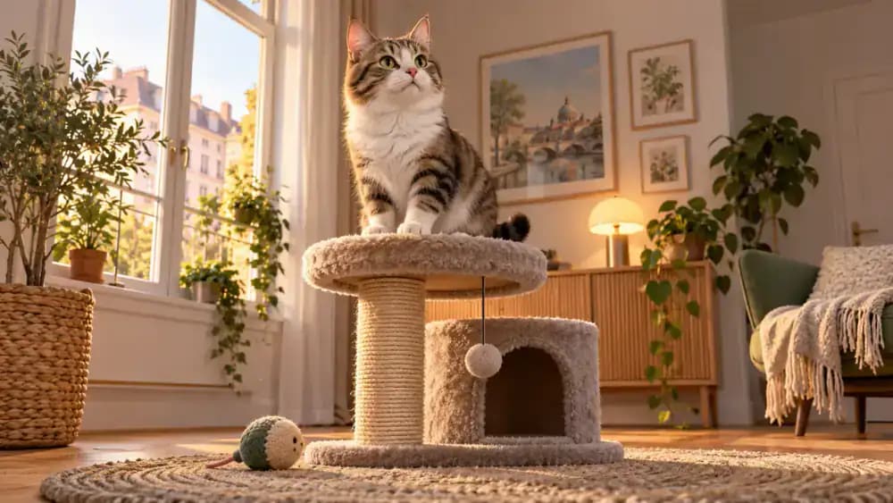 Cat sitting on a low stable cat tree in a starter room