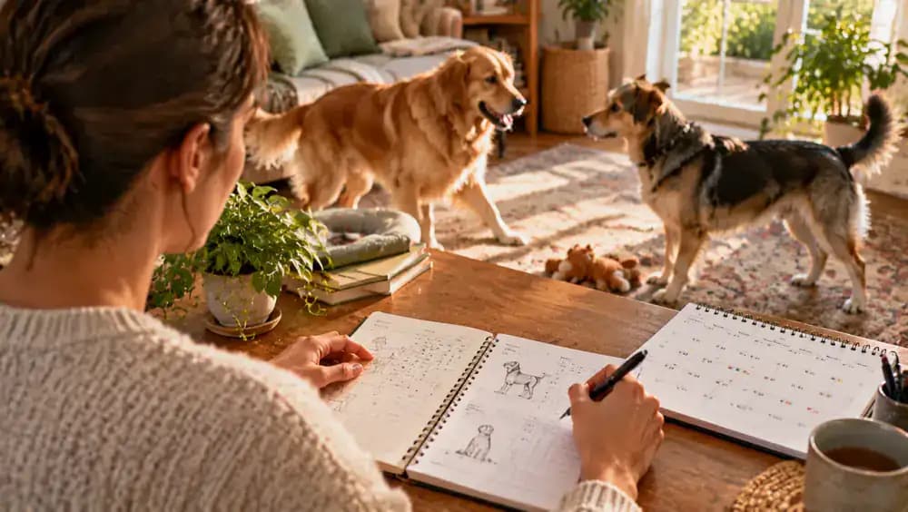 Owner writing notes about dog interaction distance, duration, and body language in a notebook beside a calendar, while both dogs rest comfortably in separate areas.