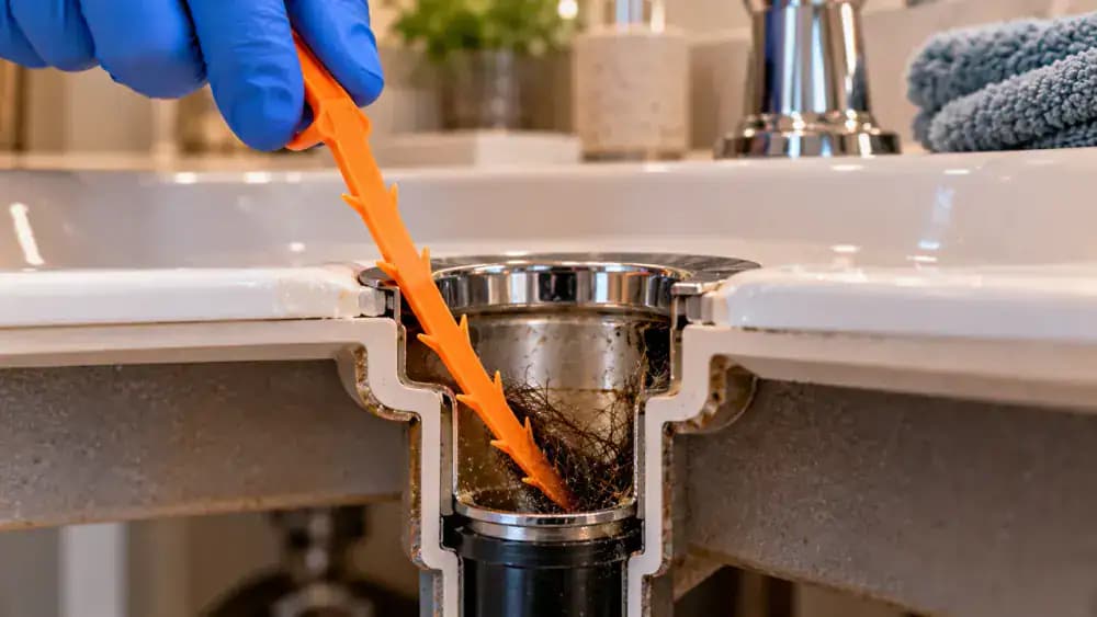 Close-up side view of a gloved homeowner gently guiding a flexible plastic drain-cleaning strip into the shallow opening of a white porcelain bathroom sink, with visible hair and soap residue near the tool tip and an inset showing safe insertion depth.