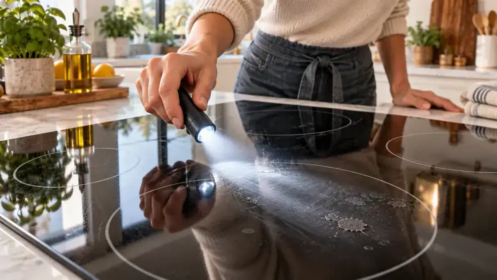 Person holding an adjustable LED task lamp above a cooled black glass-ceramic electric cooktop, using angled white light to reveal a faint cloudy streak near the front burner and a small cooked-on deposit near the rear-left burner in a modern kitchen.