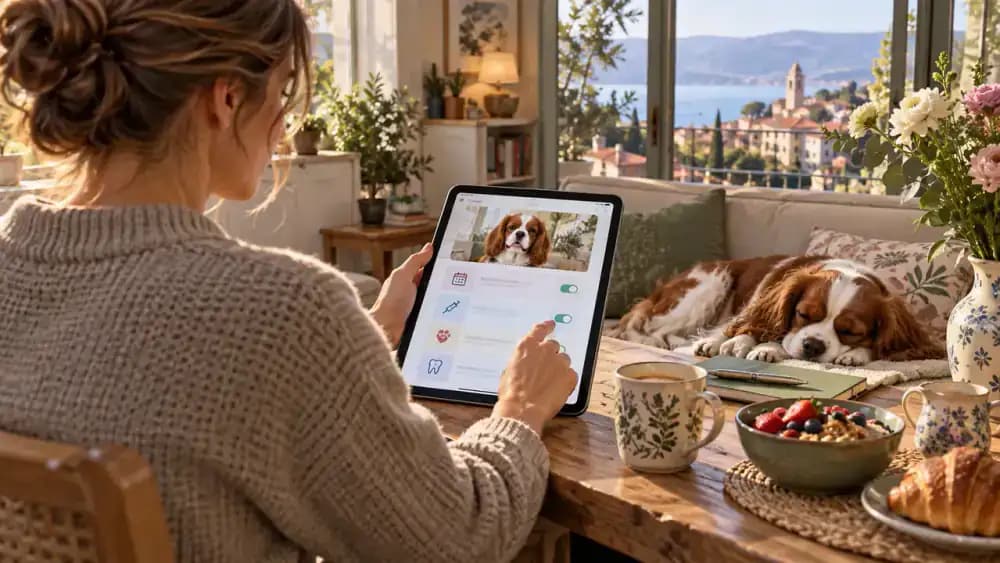 Owner creating pet care reminders on a tablet while a Cavalier King Charles spaniel sleeps nearby