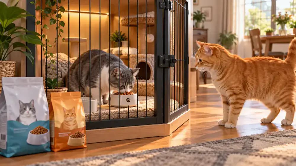 Owner checking two different cat food packages in separate cabinet compartments before serving the gray-and-white cat inside a secure feeding enclosure.