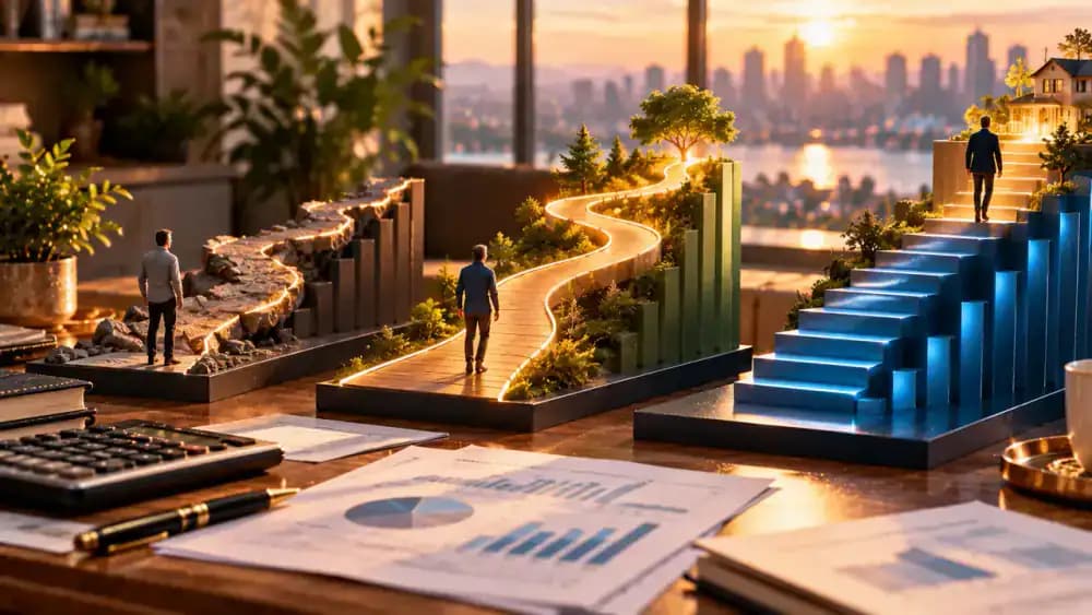 Three financial growth scenarios illustrating positive, flat, and declining market conditions.