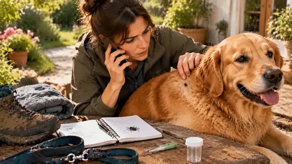 Pet owner documenting a tick found on a dog's coat after a walk and contacting the veterinary clinic for instructions during a phone consultation.