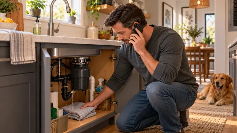 Homeowner inspecting an under-sink garbage disposal, placing a dry towel beneath a leaking drain connection, and contacting a plumber with the disposal switched off.