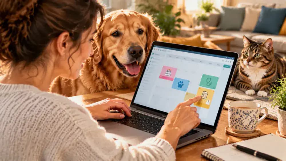 A pet owner adds an annual microchip registration review to a digital calendar alongside a pet's birthday and veterinary appointment, then adjusts the reminder after a change of address.