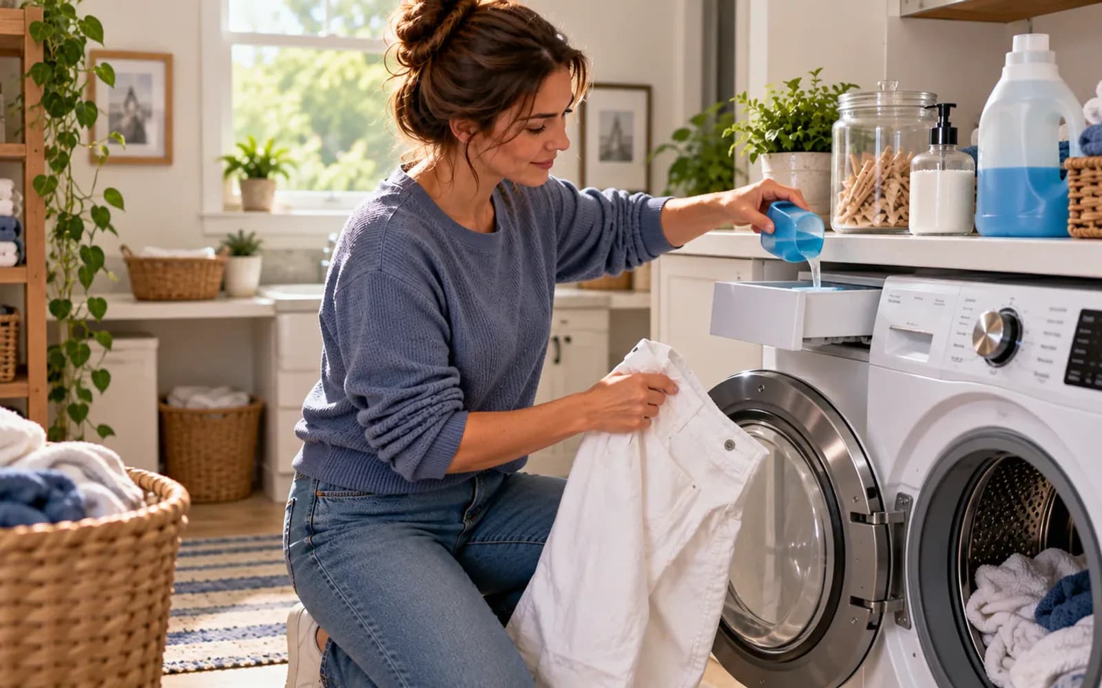 Person loading pretreated white jeans into a front-loading washing machine while checking the care label, measuring liquid detergent, selecting the permitted water temperature and denim cycle, with chlorine bleach left unused on a shelf.