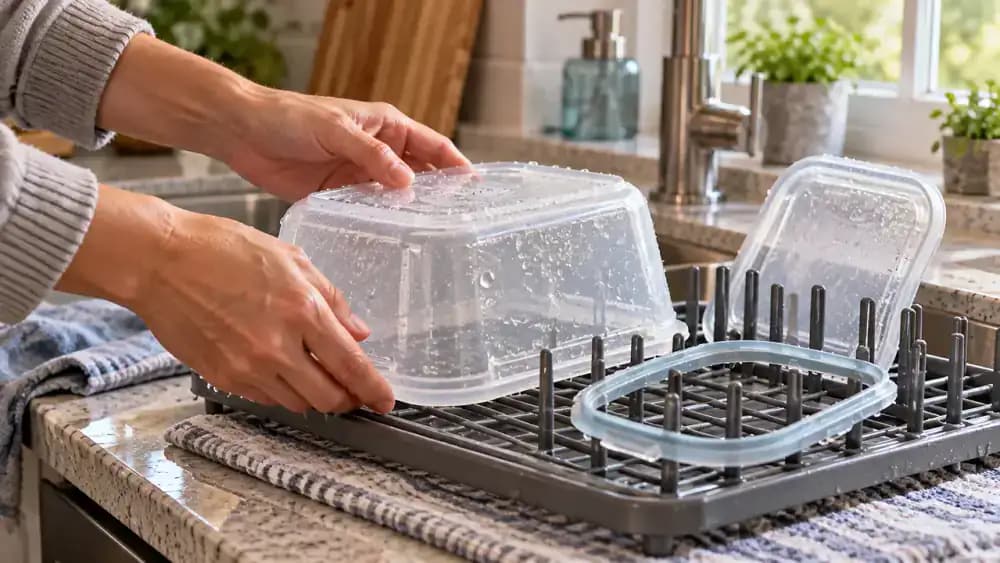 Transparent plastic food container with visible orange tomato stains resting upside down at an angle on a wooden drying rack beside a kitchen window, with its detached lid standing upright and silicone gasket resting separately across rack supports.