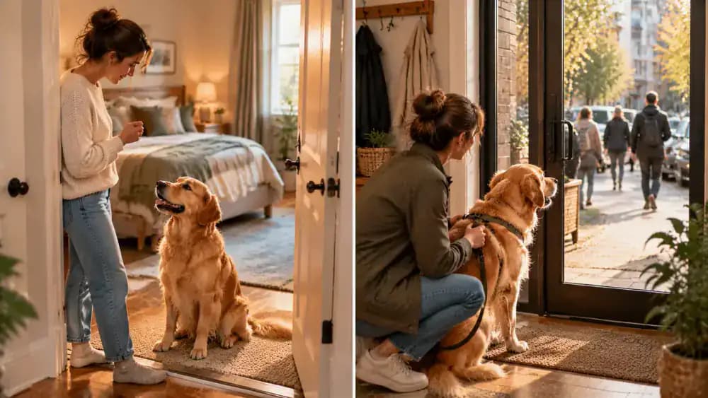 A comparison of a quiet interior doorway and a secure apartment entrance near a busy sidewalk, where an owner keeps a dog on a properly fitted harness and leash behind a closed outer barrier.