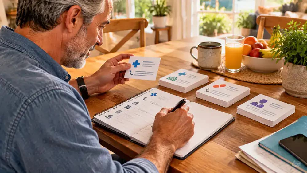 Patient filling out a healthcare contact worksheet using a fictional pharmacy receipt, primary care office business card, and specialist appointment letter, with one unconfirmed phone number marked for follow-up.