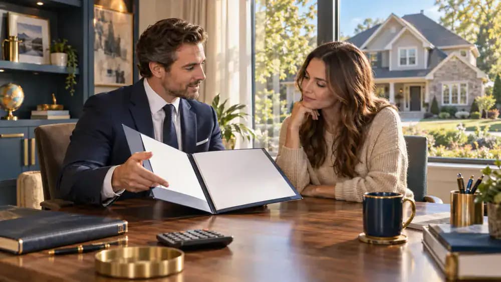 Real estate agent explaining a folder to a homeowner near a window overlooking a residential property.
