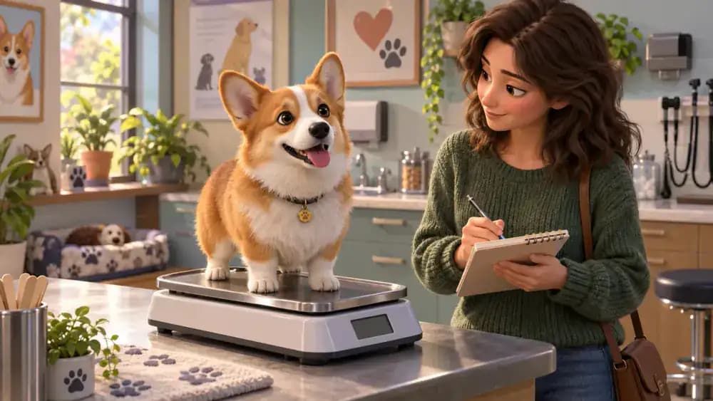 Corgi standing on a veterinary scale while an owner records its weight and measurement date