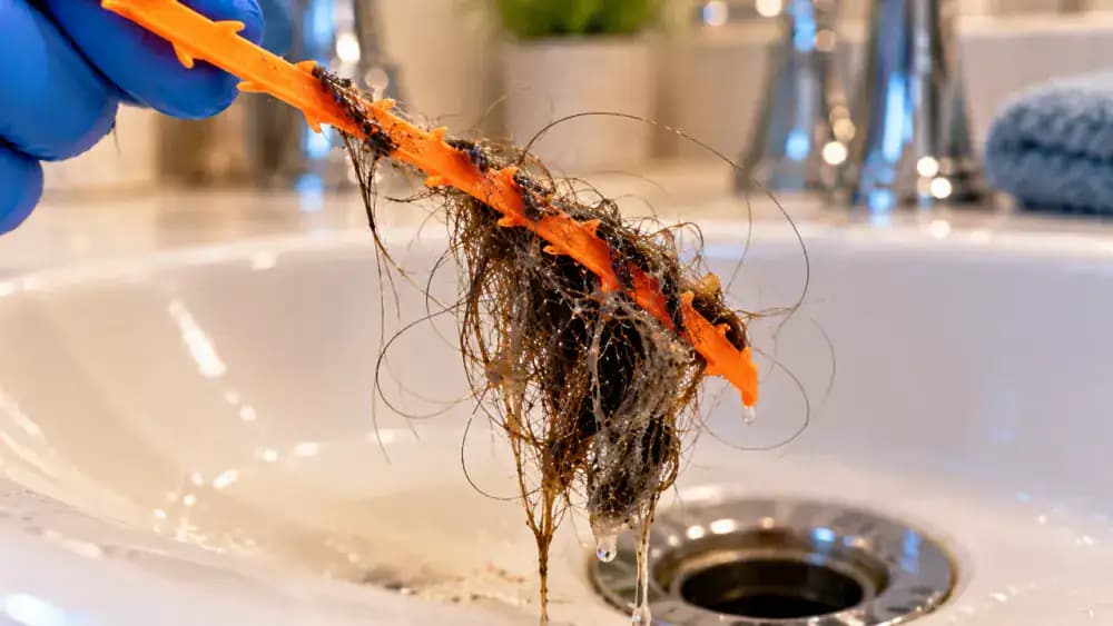 Extreme close-up of a gloved homeowner slowly lifting a flexible barbed plastic drain-cleaning strip from a white bathroom sink drain, with damp hair and soap residue caught on the tool near the upper drain opening.