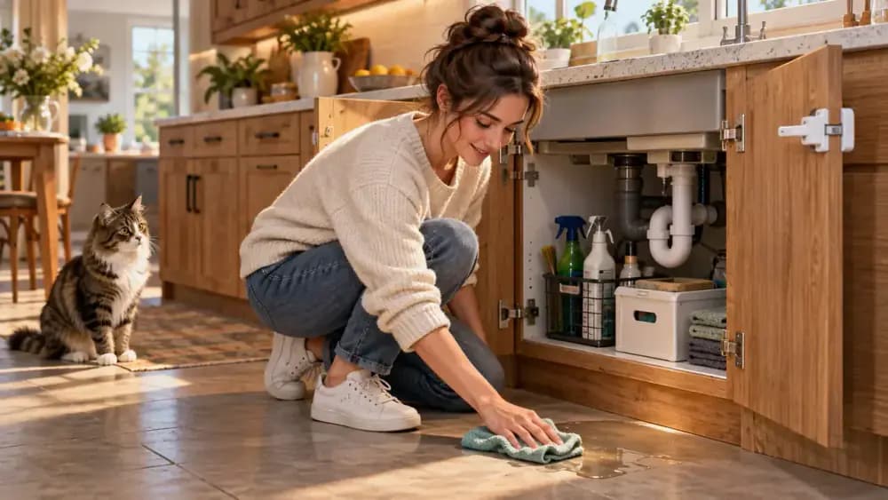 Cleaning products stored inside a latched under-sink cabinet while the owner wipes a spill