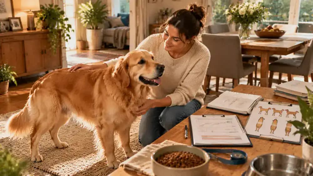 An adult reviews two weeks of feeding records on a tablet beside a completed feeding tracker, a pet weight record, and a body condition reference chart, while a Golden Retriever stands nearby and a tabby cat rests on an upholstered chair.