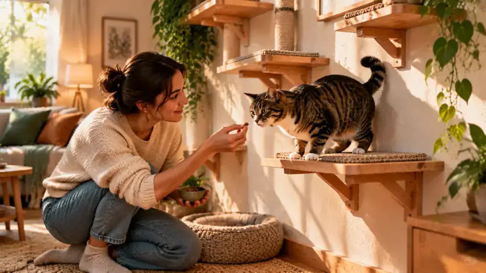Cautious cat sitting beside the lowest climbing platform as its owner places a treat nearby and waits while the cat voluntarily steps onto the shelf and investigates a familiar toy.
