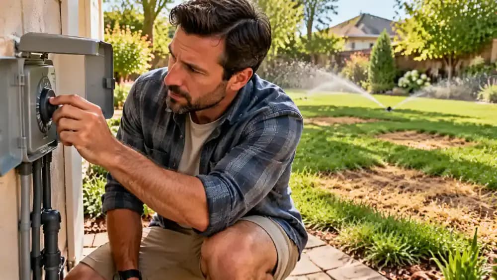 Homeowner adjusting a backyard sprinkler timer beside an exterior faucet, with the sprinkler switched off and yellow lawn patches visible in the background.