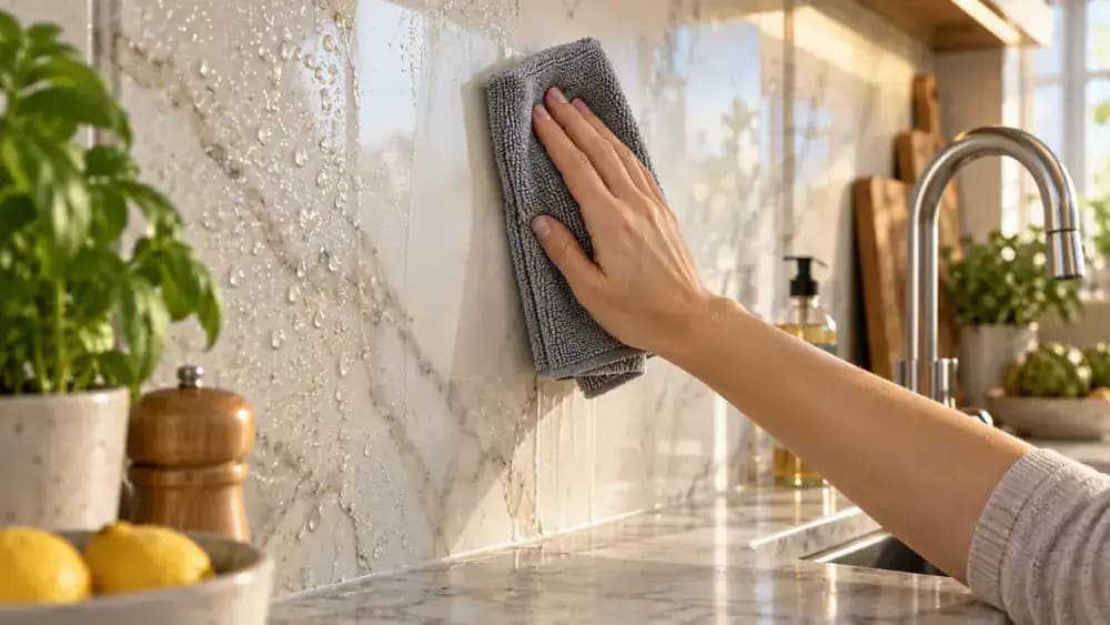 Hand drying a freshly rinsed stainless steel cooktop backsplash with a dry microfiber cloth, wiping vertically with the grain as water beads and moisture trails disappear.