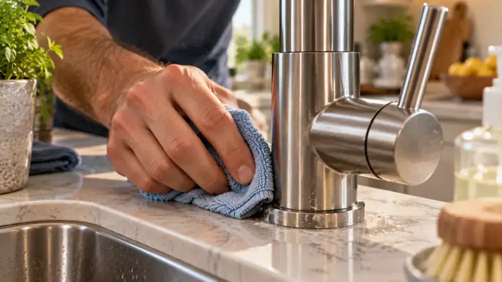 Close-up side view of a homeowner gently cleaning white hard water deposits around a brushed stainless steel kitchen faucet base using a folded microfiber cloth, carefully avoiding the seam beneath the faucet housing.