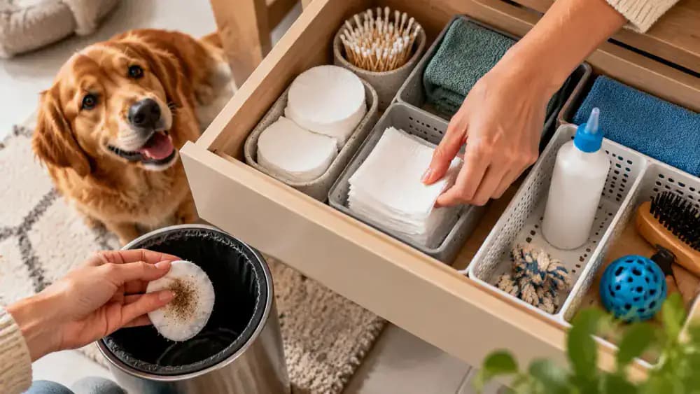 Organized grooming drawer containing fresh cotton pads, clean gauze, and a properly stored canine ear cleaner while the owner discards a used pad separately.