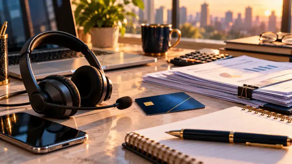 Customer service headset beside a smartphone and financial papers representing a credit reporting inquiry.