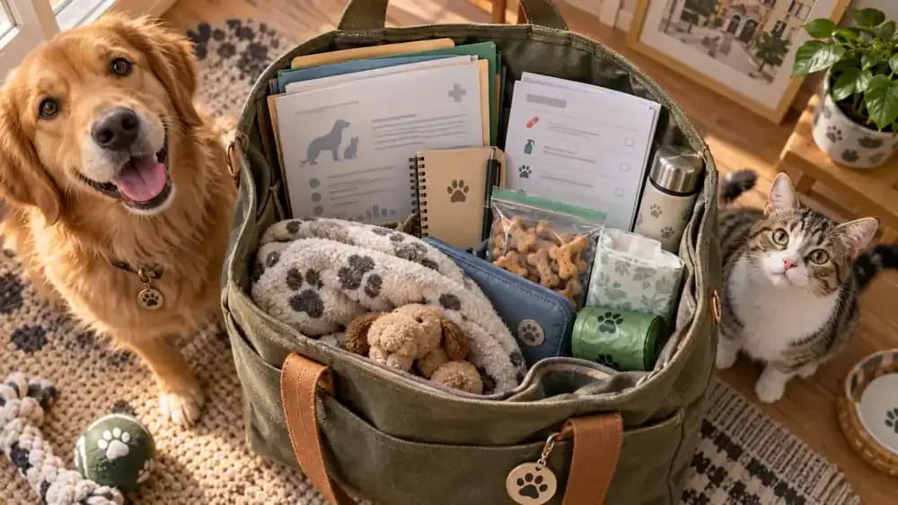 Canvas appointment bag containing pet records, medication notes, treats, tissues, waste bags, and a blanket