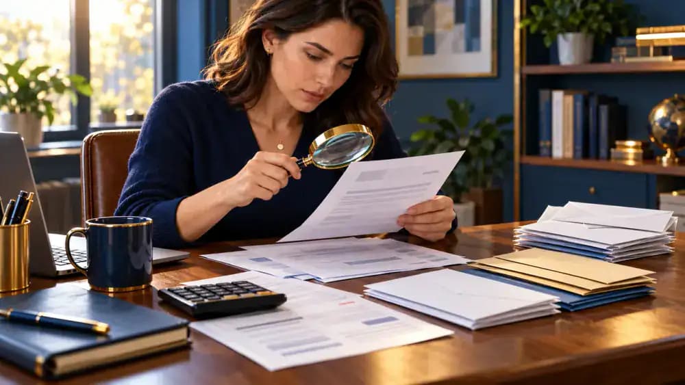 A consumer examining collection correspondence with a magnifying glass and organized paperwork.