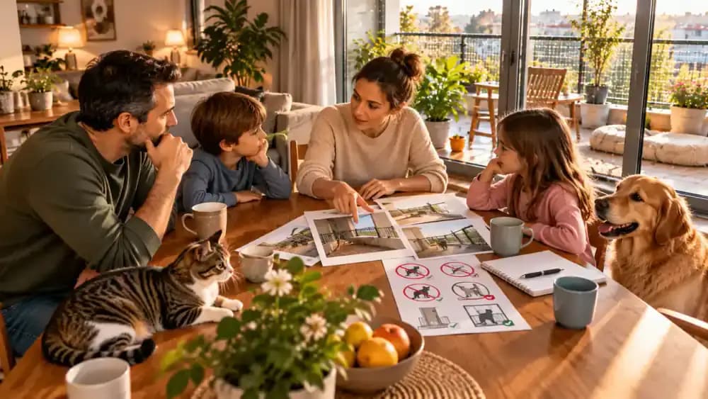 Family members, a child, and a visiting pet sitter reviewing an illustrated balcony safety guide at a dining table, followed by a door reminder and an adult supervising the pet during an indoor gathering.