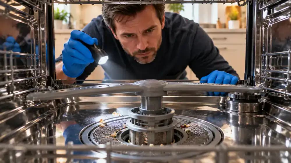 Adult inspecting a dishwasher filter with a small flashlight while the lower rack is partially extended and fresh food particles are visible on the filter mesh.