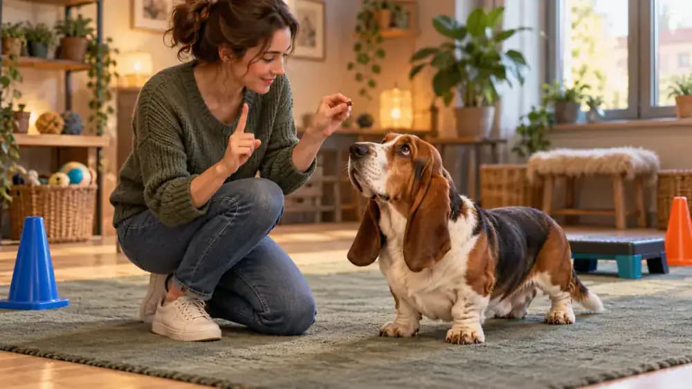 Basset Hound regaining focus during an indoor obedience exercise as its owner simplifies the command and offers a smaller reward from a premeasured pouch. An oversized biscuit remains unused on a nearby bench beneath bright skylights.