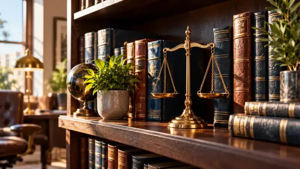 Leather-bound legal books and balanced scales representing legal planning alongside insurance protection.