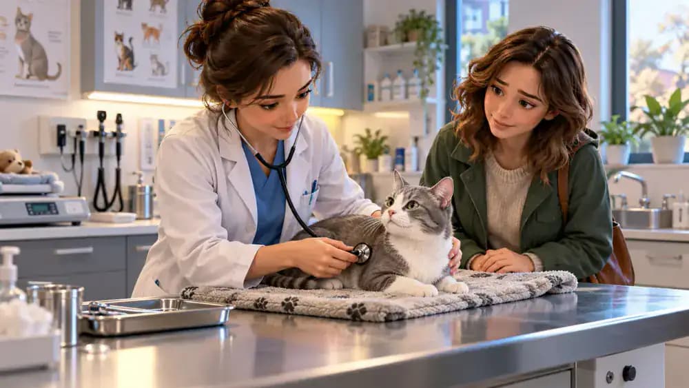 Gray-and-white cat beside an unusually full food bowl, followed by its owner checking its weight on a digital pet scale and consulting a veterinarian during an examination.