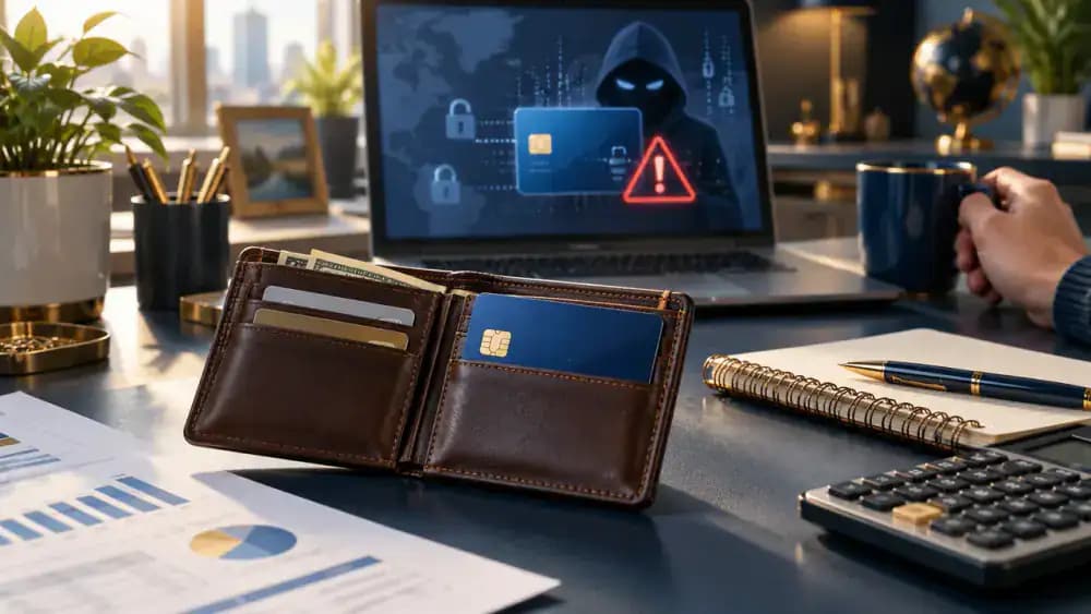 Debit card remaining in a wallet while its number is compromised online